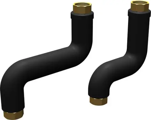 Zwei gekrümmte schwarze Rohre mit goldenen Gewindeanschlüssen, die als Installationszubehör von Bosch dienen.